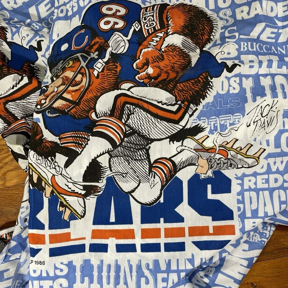 Vintage 1988 NFL Jack Davis Blanket Teams Bears Raiders‎ 49ers Giants Art 39x75